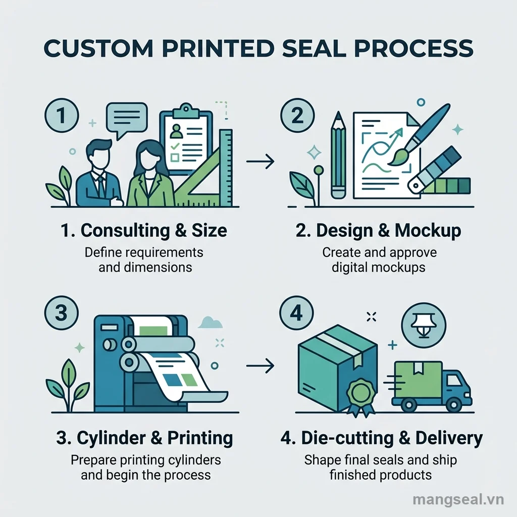 Quy trình in logo lên màng seal nhôm: tư vấn, thiết kế, in ấn, bế cắt