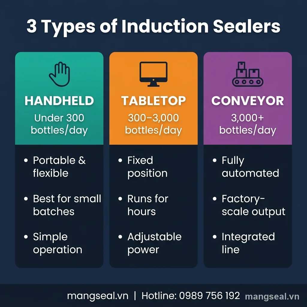 3 loại máy dán màng seal cảm ứng: cầm tay, để bàn, băng tải tự động
