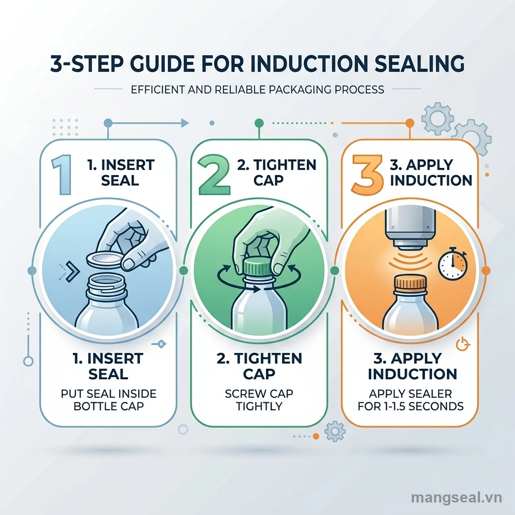 Hướng dẫn dán màng seal nhôm 3 bước: đặt seal, vặn nắp, dán cảm ứng