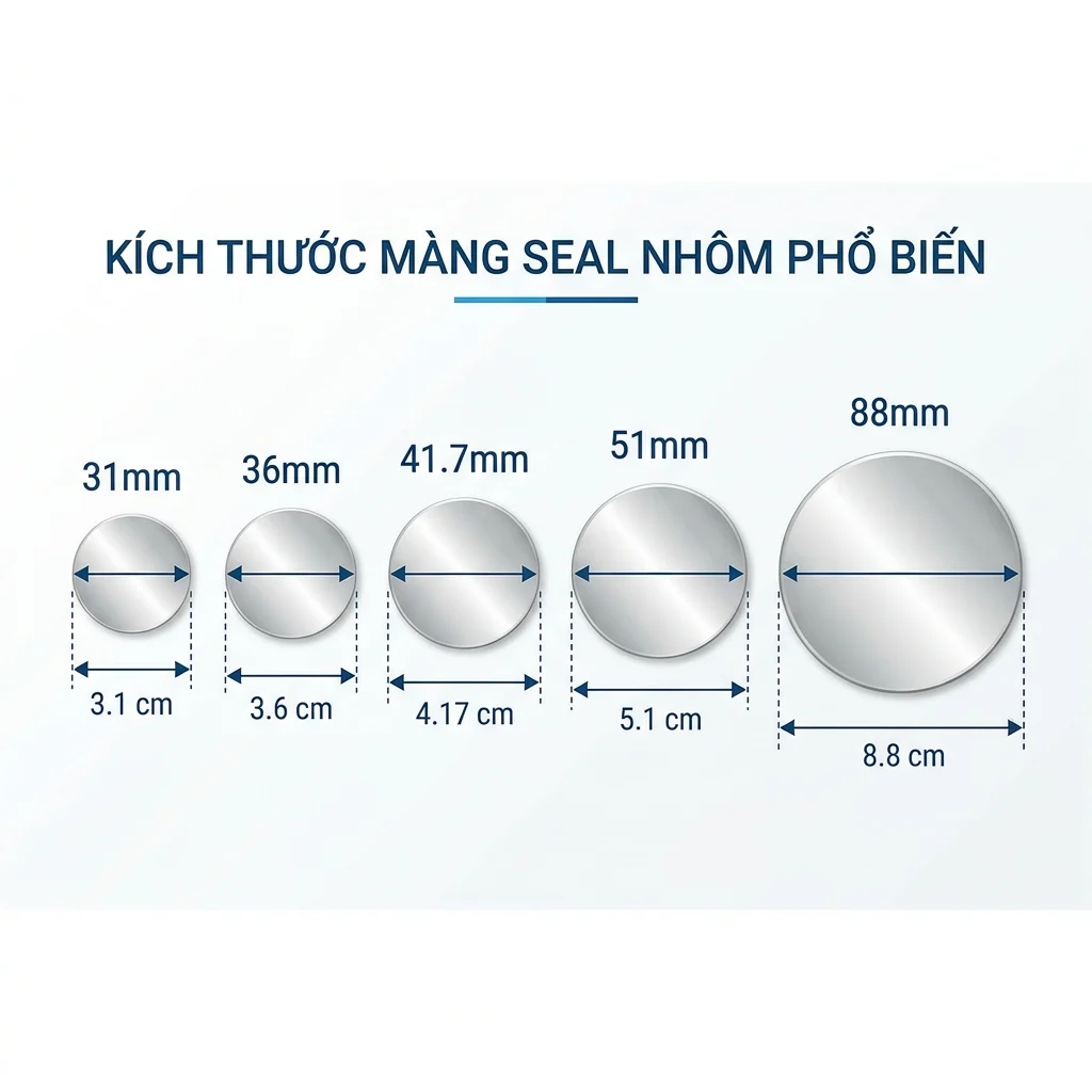 Kích thước màng seal nhôm phổ biến: 31mm, 36mm, 41.7mm, 51mm, 88mm